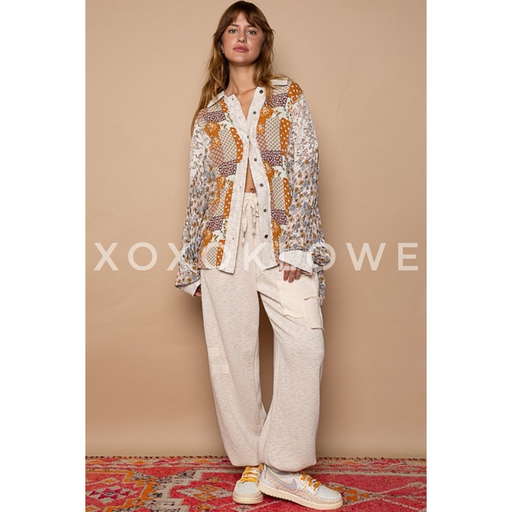 POL Floral + Lace Patchwork Button Down Shirt in Caramel Cream - Picture 15 of 15